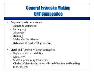 • Polymer matrix composites
- Nanotube dispersion
- Untangling
- Alignment
- Bonding
- Molecular Distribution
- Retention of neat-CNT properties
• Metal and Ceramic Matrix Composites
- High temperature stability
- Reactivity
- Suitable processing techniques
- Choice of chemistries to provide stabilization and bonding
to the matrix.
 