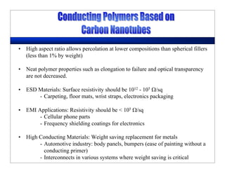 • High aspect ratio allows percolation at lower compositions than spherical fillers
(less than 1% by weight)
• Neat polymer properties such as elongation to failure and optical transparency
are not decreased.
• ESD Materials: Surface resistivity should be 1012 - 105 Ω/sq
- Carpeting, floor mats, wrist straps, electronics packaging
• EMI Applications: Resistivity should be < 105 Ω/sq
- Cellular phone parts
- Frequency shielding coatings for electronics
• High Conducting Materials: Weight saving replacement for metals
- Automotive industry: body panels, bumpers (ease of painting without a
conducting primer)
- Interconnects in various systems where weight saving is critical
 
