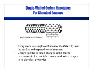 Single Wall Carbon Nanotube
• Every atom in a single-walled nanotube (SWNT) is on
the surface and exposed to environment
• Charge transfer or small changes in the charge-
environment of a nanotube can cause drastic changes
to its electrical properties
 