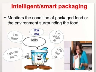 11
11
 Monitors the condition of packaged food or
the environment surrounding the food
Hello
11
Intelligent/smart packaging
 