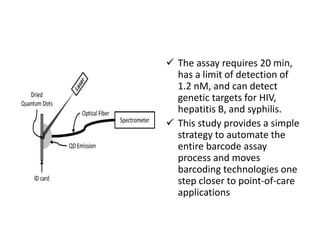  The assay requires 20 min,
has a limit of detection of
1.2 nM, and can detect
genetic targets for HIV,
hepatitis B, and syphilis.
 This study provides a simple
strategy to automate the
entire barcode assay
process and moves
barcoding technologies one
step closer to point-of-care
applications
 