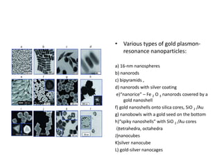 • Various types of gold plasmon-
resonance nanoparticles:
a) 16-nm nanospheres
b) nanorods
c) bipyramids ,
d) nanorods with silver coating
e)“nanorice” – Fe 2 O 3 nanorods covered by a
gold nanoshell
f) gold nanoshells onto silica cores, SiO 2 /Au
g) nanobowls with a gold seed on the bottom
h)“spiky nanoshells” with SiO 2 /Au cores
i)tetrahedra, octahedra
J)nanocubes
K)silver nanocube
L) gold-silver nanocages
 