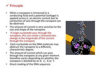  Principle
• When a nanopore is immersed in a
conducting fluid and a potential (voltage) is
applied across it, an electric current due to
conduction of ions through the nanopore can
be observed.
• The amount of current is very sensitive to the
size and shape of the nanopore.
• If single nucleotide pass through the
nanopore, this can create a characteristic
change in the magnitude of the current
through the nanopore
• Each nucleotide on the DNA molecule may
obstruct the nanopore to a different,
characteristic degree.
• The amount of current which can pass
through the nanopore at any given moment
therefore varies depending on whether the
nanopore is blocked by an A, C, G or T.
• Direct reading of the DNA sequence.
 