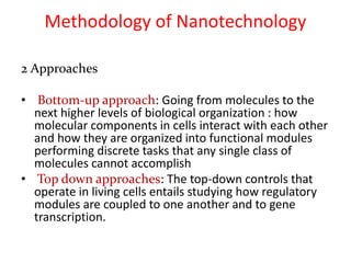 Methodology of Nanotechnology
2 Approaches
• Bottom-up approach: Going from molecules to the
next higher levels of biological organization : how
molecular components in cells interact with each other
and how they are organized into functional modules
performing discrete tasks that any single class of
molecules cannot accomplish
• Top down approaches: The top-down controls that
operate in living cells entails studying how regulatory
modules are coupled to one another and to gene
transcription.
 