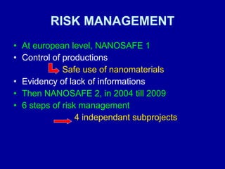 RISK MANAGEMENT At european level, NANOSAFE 1 Control of productions Safe use of nanomaterials Evidency of lack of informations Then NANOSAFE 2, in 2004 till 2009 6 steps of risk management 4 independant subprojects 