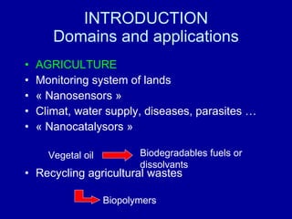 INTRODUCTION Domains and applications AGRICULTURE Monitoring system of lands « Nanosensors » Climat, water supply, diseases, parasites … « Nanocatalysors » Recycling agricultural wastes Vegetal oil Biodegradables fuels or dissolvants Biopolymers 