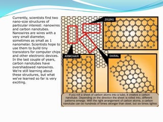 Currently, scientists find two nano-size structures of particular interest: nanowires and carbon nanotubes. Nanowires are wires with a very small diameter, sometimes as small as 1 nanometer. Scientists hope to use them to build tiny transistors for computer chips and other electronic devices. In the last couple of years, carbon nanotubes have overshadowed nanowires. We're still learning about these structures, but what we've learned so far is very exciting.