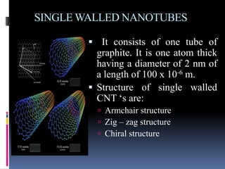 SINGLE WALLED NANOTUBES

         It consists of one tube of
          graphite. It is one atom thick
          having a diameter of 2 nm of
          a length of 100 x 10-6 m.
         Structure of single walled
          CNT ‘s are:
           Armchair structure
           Zig – zag structure
           Chiral structure
 