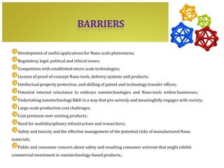 Development of useful applications for Nano scale phenomena;
   Regulatory, legal, political and ethical issues;
   Competition with established micro scale technologies;
   License of proof-of-concept Nano tools, delivery systems and products;
   Intellectual property protection, and skilling of patent and technology transfer offices;
   Potential internal reluctance to embrace nanotechnologies and Nano tools within businesses;
   Undertaking nanotechnology R&D in a way that pro-actively and meaningfully engages with society;
   Large-scale production cost challenges;
   Cost premium over existing products;
   Need for multidisciplinary infrastructure and researchers;
   Safety and toxicity and the effective management of the potential risks of manufactured Nano
materials;
   Public and consumer concern about safety and resulting consumer activism that might inhibit
commercial investment in nanotechnology-based products.;
 
