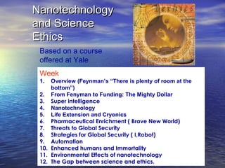 Nanotechnology
and Science
Ethics
 Based on a course
 offered at Yale
 Week
 1.  Overview (Feynman’s “There is plenty of room at the
     bottom”)
 2. From Fenyman to Funding: The Mighty Dollar
 3. Super intelligence
 4. Nanotechnology
 5. Life Extension and Cryonics
 6. Pharmaceutical Enrichment ( Brave New World)
 7. Threats to Global Security
 8. Strategies for Global Security ( I,Robot)
 9. Automation
 10. Enhanced humans and Immortality
 11. Environmental Effects of nanotechnology
 12. The Gap between science and ethics.
 
