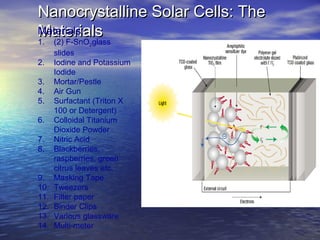 Nanocrystalline Solar Cells: The
Materials
Materials:
1. (2) F-SnO glass
               2
      slides
2.    Iodine and Potassium
      Iodide
3.    Mortar/Pestle
4.    Air Gun
5.    Surfactant (Triton X
      100 or Detergent)
6.    Colloidal Titanium
      Dioxide Powder
7.    Nitric Acid
8.    Blackberries,
      raspberries, green
      citrus leaves etc.
9.    Masking Tape
10.   Tweezers
11.   Filter paper
12.   Binder Clips
13.   Various glassware
14.   Multi-meter
 
