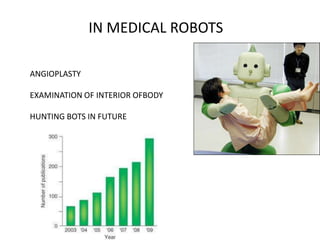 IN MEDICAL ROBOTS
ANGIOPLASTY
EXAMINATION OF INTERIOR OFBODY
HUNTING BOTS IN FUTURE
 