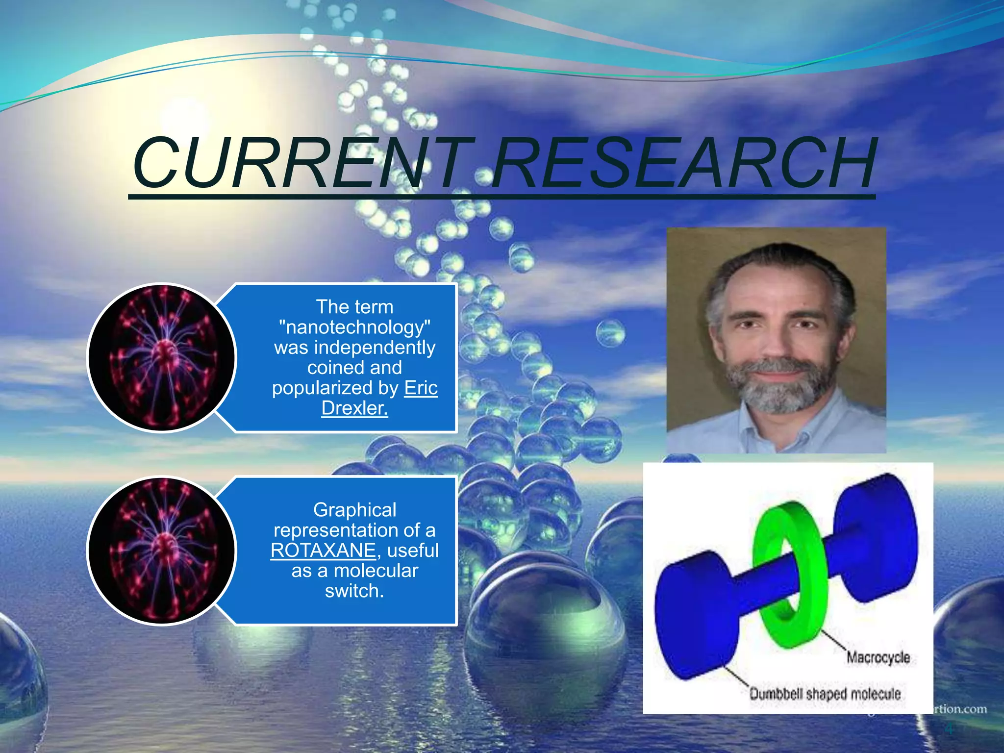 CURRENT RESEARCH
The term
"nanotechnology"
was independently
coined and
popularized by Eric
Drexler.
Graphical
representation of a
ROTAXANE, useful
as a molecular
switch.
4
 