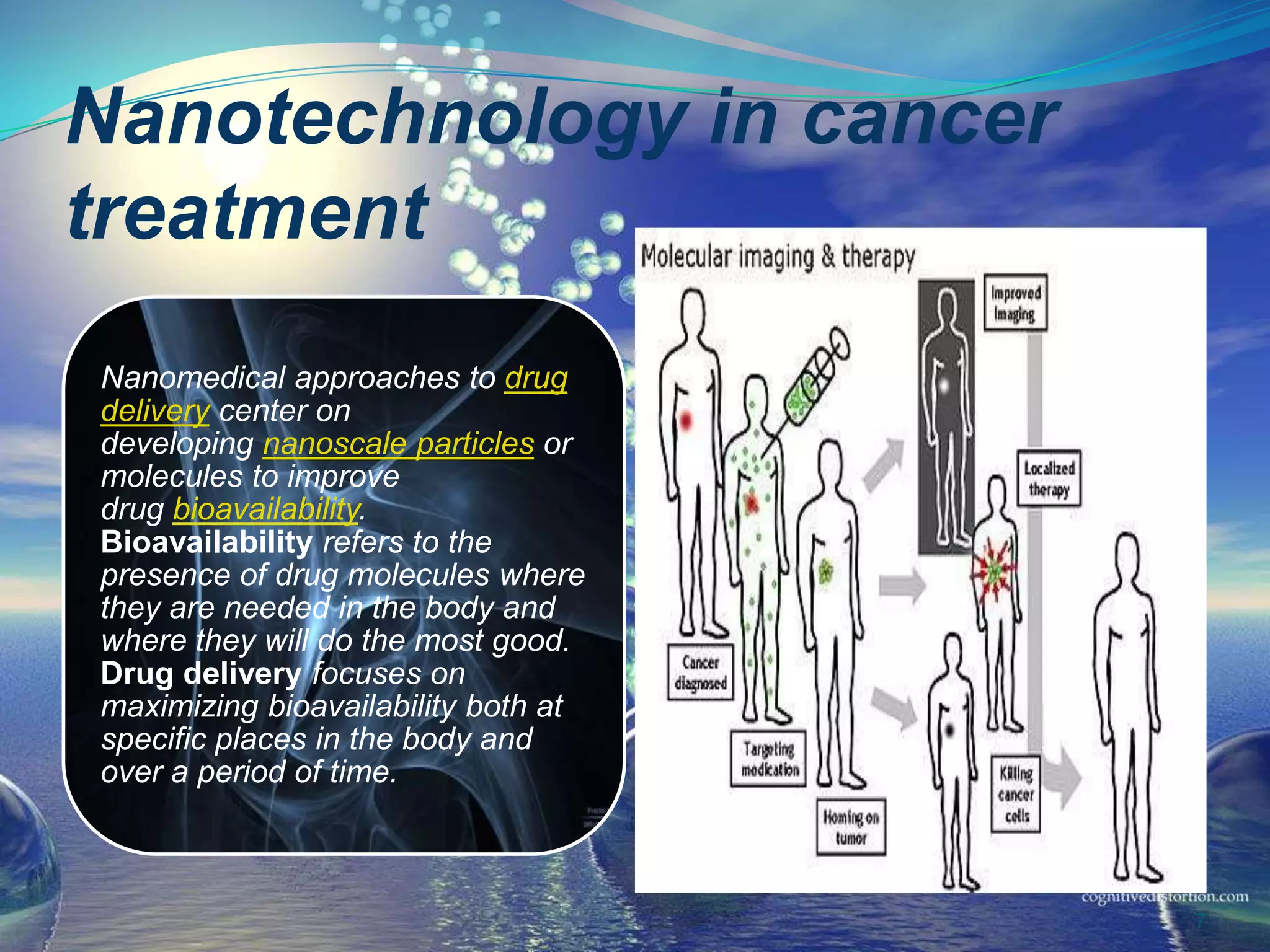 Nanotechnology in cancer
treatment
Nanomedical approaches to drug
delivery center on
developing nanoscale particles or
molecules to improve
drug bioavailability.
Bioavailability refers to the
presence of drug molecules where
they are needed in the body and
where they will do the most good.
Drug delivery focuses on
maximizing bioavailability both at
specific places in the body and
over a period of time.
7
 