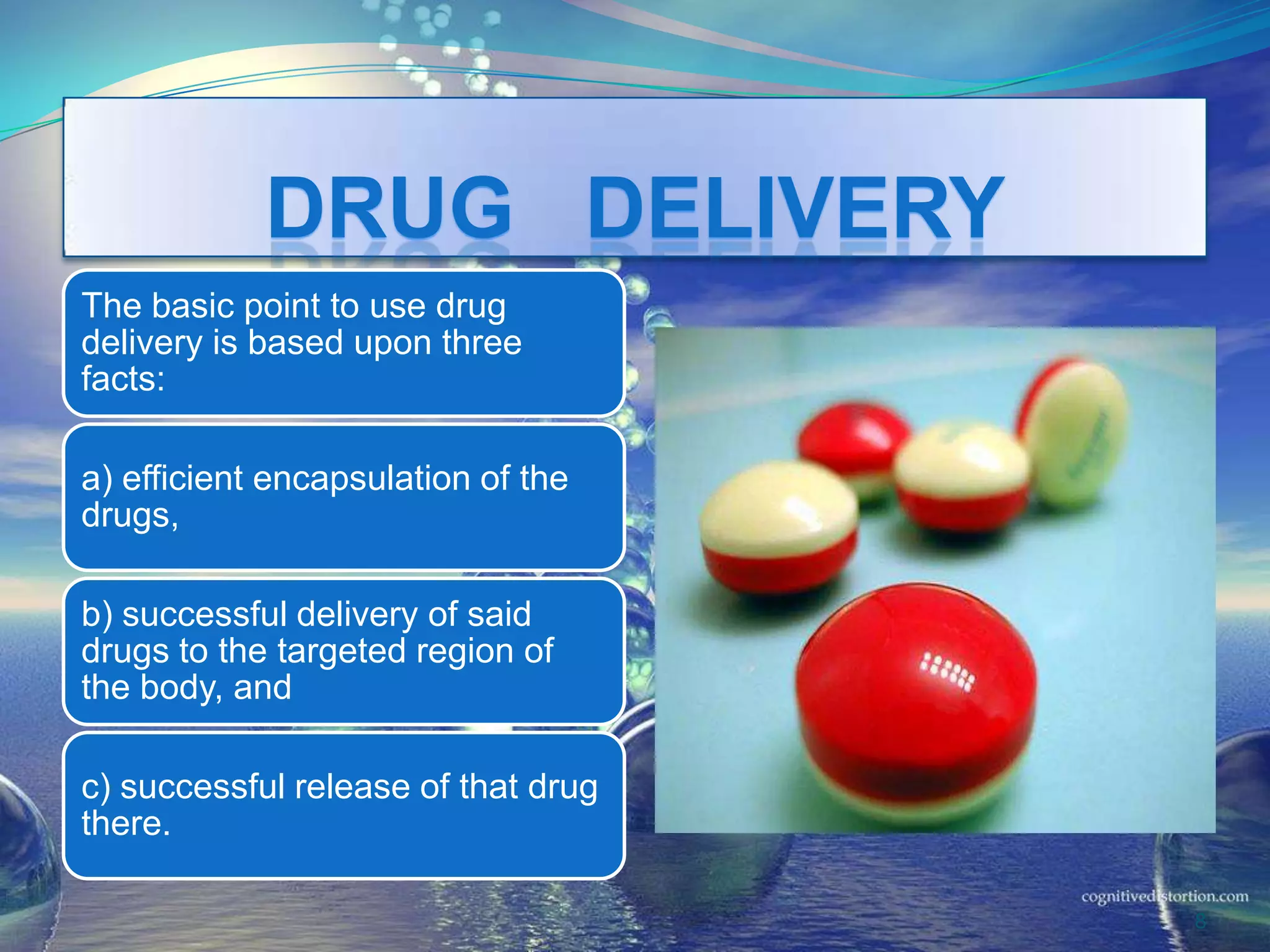 DRUG DELIVERY
The basic point to use drug
delivery is based upon three
facts:
a) efficient encapsulation of the
drugs,
b) successful delivery of said
drugs to the targeted region of
the body, and
c) successful release of that drug
there.
8
 