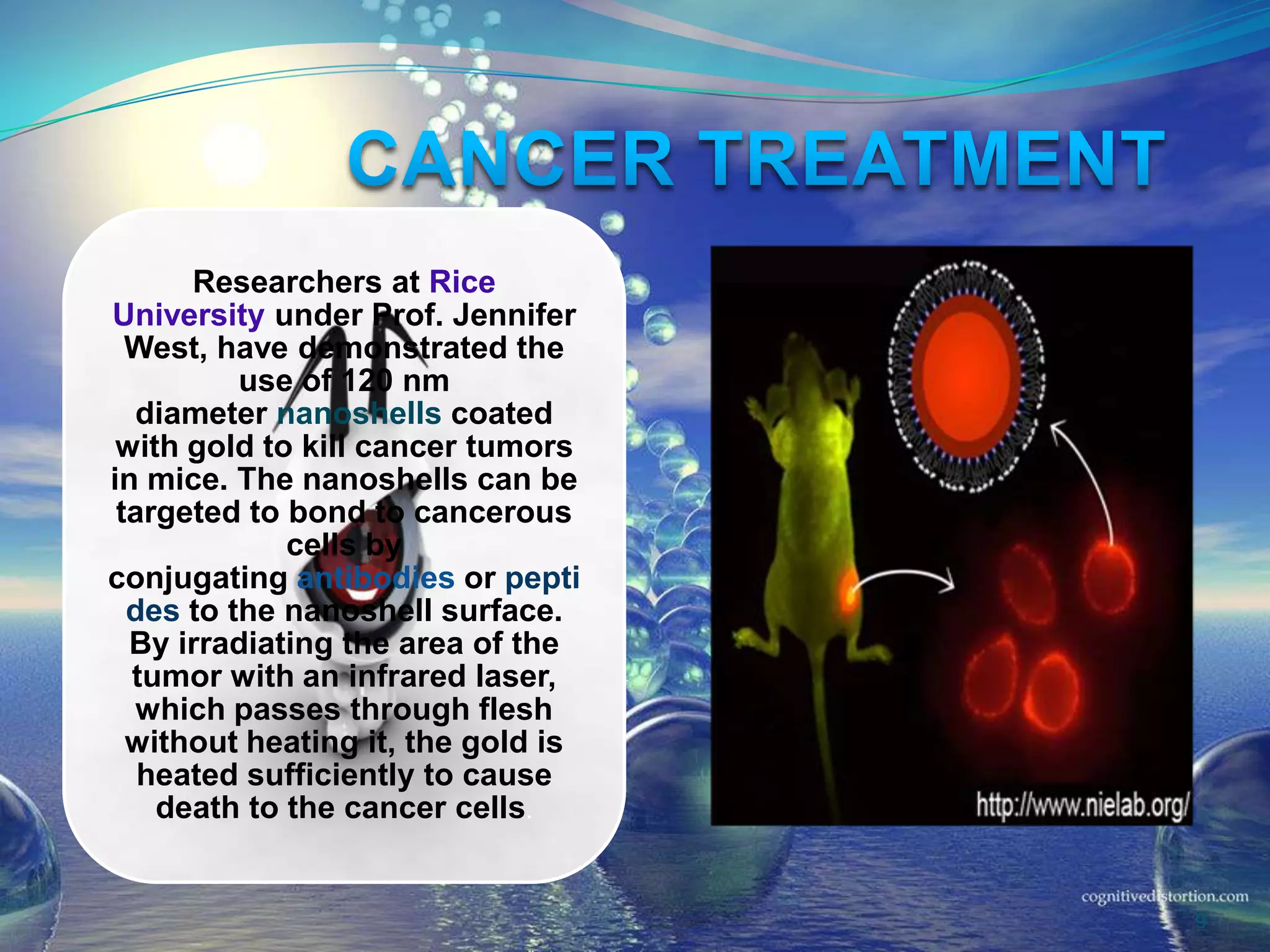 Researchers at Rice
University under Prof. Jennifer
West, have demonstrated the
use of 120 nm
diameter nanoshells coated
with gold to kill cancer tumors
in mice. The nanoshells can be
targeted to bond to cancerous
cells by
conjugating antibodies or pepti
des to the nanoshell surface.
By irradiating the area of the
tumor with an infrared laser,
which passes through flesh
without heating it, the gold is
heated sufficiently to cause
death to the cancer cells.
9
 