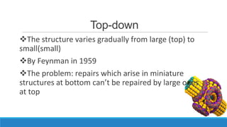 Top-down
The structure varies gradually from large (top) to
small(small)
By Feynman in 1959
The problem: repairs which arise in miniature
structures at bottom can’t be repaired by large ones
at top

 
