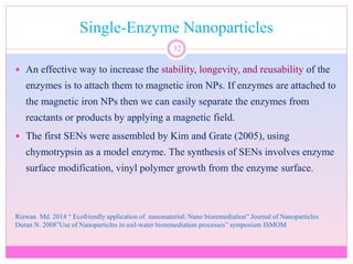 Single-Enzyme Nanoparticles
32
 An effective way to increase the stability, longevity, and reusability of the
enzymes is to attach them to magnetic iron NPs. If enzymes are attached to
the magnetic iron NPs then we can easily separate the enzymes from
reactants or products by applying a magnetic field.
 The first SENs were assembled by Kim and Grate (2005), using
chymotrypsin as a model enzyme. The synthesis of SENs involves enzyme
surface modification, vinyl polymer growth from the enzyme surface.
Rizwan Md. 2014 “ Ecofriendly application of nanomaterial: Nano bioremediation” Journal of Nanoparticles
Duran N. 2008”Use of Nanoparticles in soil-water bioremediation processes” symposium ISMOM
 