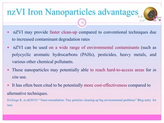 nzVI Iron Nanoparticles advantages
36
 nZVI may provide faster clean-up compared to conventional techniques due
to increased contaminant degradation rates
 nZVI can be used on a wide range of environmental contaminants (such as
polycyclic aromatic hydrocarbons (PAHs), pesticides, heavy metals, and
various other chemical pollutants.
 These nanoparticles may potentially able to reach hard-to-access areas for in
situ use.
 It has often been cited to be potentially more cost-effectiveness compared to
alternative techniques.
D.Griege K. et al(2015) “ Nano-remediation: Tiny particles cleaning up big environmental problems” Blog entry for
inuc
 