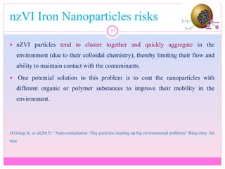 nzVI Iron Nanoparticles risks
37
 nZVI particles tend to cluster together and quickly aggregate in the
environment (due to their colloidal chemistry), thereby limiting their flow and
ability to maintain contact with the contaminants.
 One potential solution to this problem is to coat the nanoparticles with
different organic or polymer substances to improve their mobility in the
environment.
D.Griege K. et al(2015) “ Nano-remediation: Tiny particles cleaning up big environmental problems” Blog entry for
inuc
 