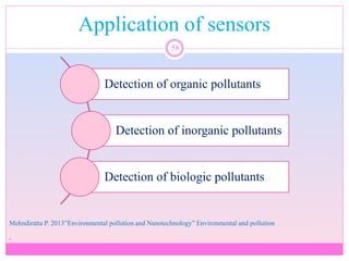 Application of sensors
58
Mehndiratta P. 2013”Environmental pollution and Nanotechnology” Environmental and pollution

Detection of organic pollutants
Detection of inorganic pollutants
Detection of biologic pollutants
 