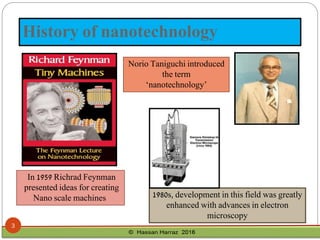History of nanotechnology
In 1959 Richrad Feynman
presented ideas for creating
Nano scale machines
Norio Taniguchi introduced
the term
‘nanotechnology’
1980s, development in this field was greatly
enhanced with advances in electron
microscopy
3
 