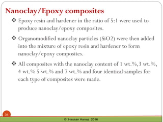 ❖ Epoxy resin and hardener in the ratio of 5:1 were used to
produce nanoclay/epoxy composites.
❖ Organomodified nanoclay particles (SiO2) were then added
into the mixture of epoxy resin and hardener to form
nanoclay/epoxy composites.
❖ All composites with the nanoclay content of 1 wt.%,3 wt.%,
4 wt.% 5 wt.% and 7 wt.% and four identical samples for
each type of composites were made.
Nanoclay/Epoxy composites
34
 