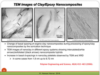 • Change of basal spacing of organo-clay nanocomposites during processing of epoxy/clay
nanocomposites by the sonication technique
• TEM images of nanoclay in different epoxy systems showing intercalated(white
arrows)/exfoliated (black arrows) nanocomposite hybrids
• Increase in basal d-spacings in nanoclay platelets observed by TEM and XRD
➢ In some cases from 1.8 nm up to 8.72 nm
Polymer Engineering and Science, 46(4) 452-463 (2006).
TEM Images of Clay/Epoxy Nanocomposites
35
 