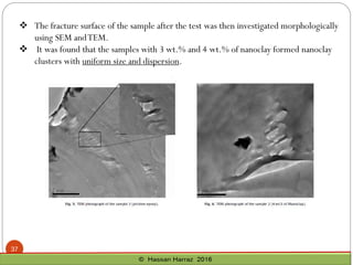 ❖ The fracture surface of the sample after the test was then investigated morphologically
using SEM andTEM.
❖ It was found that the samples with 3 wt.% and 4 wt.% of nanoclay formed nanoclay
clusters with uniform size and dispersion.
37
 