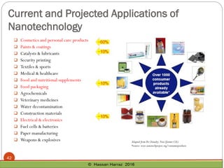 Current and Projected Applications of
Nanotechnology
 Cosmetics and personal care products
 Paints & coatings
 Catalysts & lubricants
 Security printing
 Textiles & sports
 Medical & healthcare
 Food and nutritional supplements
 Food packaging
 Agrochemicals
 Veterinary medicines
 Water decontamination
 Construction materials
 Electrical & electronics
 Fuel cells & batteries
 Paper manufacturing
 Weapons & explosives
42
Adapted from Dr Chaudry, Fera (former CSL)
*source: www.nanotechproject.org/consumerproducts
 