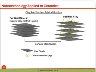 Nanotechnology Applied to Ceramics
Clay Purification & Modification
Purified Mineral:
Natural clay tactoid (stack)
Modified Clay
Surface Modification
Clay Platelet
Surface modifier (Ag)
44
 