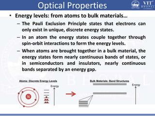 Optical Properties
• Energy levels: from atoms to bulk materials…
– The Pauli Exclusion Principle states that electrons can
only exist in unique, discrete energy states.
– In an atom the energy states couple together through
spin-orbit interactions to form the energy levels.
– When atoms are brought together in a bulk material, the
energy states form nearly continuous bands of states, or
in semiconductors and insulators, nearly continuous
bands separated by an energy gap.
N
Energy
Energy
Atoms: Discrete Energy Levels Bulk Materials: Band Structures
 