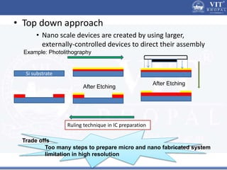 • Top down approach
• Nano scale devices are created by using larger,
externally-controlled devices to direct their assembly
Example: Photolithography
Si substrate
After Etching
After Etching
Ruling technique in IC preparation
Trade offs
Too many steps to prepare micro and nano fabricated system
limitation in high resolution
 