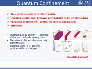 Quantum Confinement
 Trap particles and restrict their motion
 Quantum confinement produces new material behavior/phenomena
 “Engineer confinement”- control for specific applications
 Structures
(Scientific American)
 Quantum dots (0-D) only confined
states, and no freely moving ones
 Nanowires (1-D) particles travel only
along the wire
 Quantum wells (2-D) confines
particles within a thin layer
 
