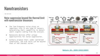 Samadhan & Laxman Nanotechnology April 25, 2024
Nanotransistors
Noise suppression beyond the thermal limit
with nanotransistor biosensors
● The low-frequency noise plays an
important role in any type of sensors
determining their capability to detect
small signals coming from the analyte.
● Nanoscale devices offer unique
opportunities for noise suppression.
● Authors propose that: under optimized
conditions, the S/N ratio can be beyond
that of the thermal noise!
Nature 10, 2045-2322(2020)
25
 