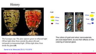 Samadhan & Laxman Nanotechnology April 25, 2024
8
History
The Lycurgus cup. The glass appears green in reflected light
(When light shine from outside the glass) (A) and
red-purple in transmitted light (When light shine from
inside the glass)(B)
The colors of gold and silver nanomaterials
are size-dependent, as are their effects on the
coloring of stained glass
Samer et al. Molecules 25 (1) 112 2019.
 