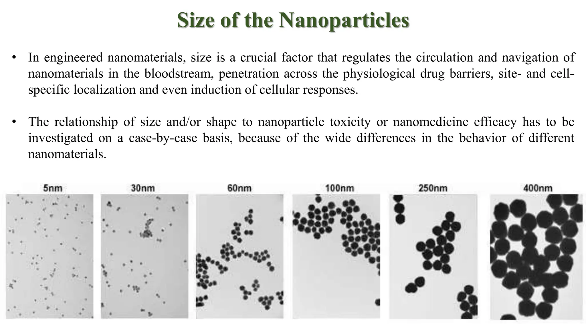 Size of the Nanoparticles
• In engineered nanomaterials, size is a crucial factor that regulates the circulation and navigation of
nanomaterials in the bloodstream, penetration across the physiological drug barriers, site- and cell-
specific localization and even induction of cellular responses.
• The relationship of size and/or shape to nanoparticle toxicity or nanomedicine efficacy has to be
investigated on a case-by-case basis, because of the wide differences in the behavior of different
nanomaterials.
 