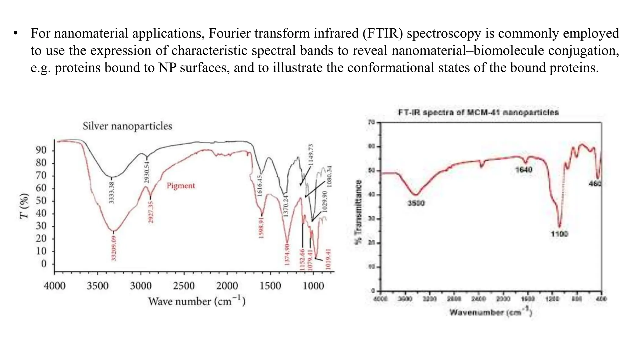 • For nanomaterial applications, Fourier transform infrared (FTIR) spectroscopy is commonly employed
to use the expression of characteristic spectral bands to reveal nanomaterial–biomolecule conjugation,
e.g. proteins bound to NP surfaces, and to illustrate the conformational states of the bound proteins.
 