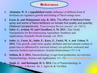 References
1. Abobatta, W. F. ( unpublished work). Influence of different kind of
fertilizers on vegetative growth and fruiting of Navel orange trees.
2. Ezzat, K. and Mohammad Aziz, R. 2016. The effect of Methanol foliar
spray and some of Nano-fertilizers on tomato fruit quality and quantity
(Solanum lycopersicum). Transylvanian Review journal vol .24(11).
3. Sabir, S., Arshad, M. and Chaudhari, S. M. 2014 . Zinc Oxide
Nanoparticles for Revolutionizing Agriculture: Synthesis and
Applications, Scientific World Journal, vol. 2014.
4. Sabir, A., Yazar, K., Sabir, F., Kara, Z., Yazici, M. A. and Goksu, N.
2014. Vine growth, yield, berry quality attributes and leaf nutrient content of
grapevines as inﬂuenced by seaweed extract (Ascophyllum nodosum) and
nanosize fertilizer pulverizations. Scientia Horticulturae 175 :1–8.
5. Sekhon, B. S. 2014. Nanotechnology in agri-food production: an overview.
Nanotechnology, Science and Applications (31- 53) www.dovepress.com
6. Singh, G. and Rattanpal, H. S. 2014. Use of Nanotechnology in
Horticulture : A Review. Int. J. Agric.Sc & Vet.Med.
 
