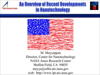 M. Meyyappan Director, Center for Nanotechnology NASA Ames Research Center Moffett Field, CA  94035 [email_address] web:  http://www.ipt.arc.nasa.gov An Overview of Recent Developments in Nanotechnology 
