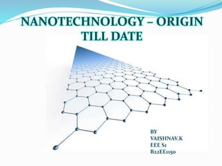 NANOTECHNOLOGY – ORIGIN
TILL DATE
BY
VAISHNAV.K
EEE S1
B22EE1150
 