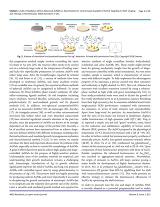 Citation: Loutfy H Madkour (2017) Advanced AuNMs as Nanomedicine’s central Goals Capable of Active Targeting in Both Imaging
and Therapy in Biomolecules. BAOJ Nanotech 3: 015.
Page 3 of 18
BAOJ Nanotech, an open access journal Volume 3; Issue 1; 015
this preparation method simply involves controlling the ratios
of citrate to Au ions [29], the reaction often needs to be carried
out on a relatively large scale at the temperature of boiling water
and lacks the reproducible preparation of uniform AuNPs with
rather large sizes. After the breakthroughs reported by Schmid
[30, 31] and Brust et al. [32], a variety of methods have been
developed to synthesize AuNMs, and many excellent reviews
[33] are available now. In general, the reported synthesis methods
of spherical AuNMs can be categorized as followed: (1) citrate
reduction; (2) Brust-Schiffrin phase transfer synthesis; (3) other
sulfur-containing ligands method; (4) soft templates including
micro emulsion, reversed Micelles, surfactants, membranes and
polyelectrolyte’s; (5) seed-mediated growth; and (6) physical
methods [34]. In addition, non-spherical nanoparticles(NPs)
such as Au nanorods (AuNRs) [35], Au nanocages [36], Aucubes
[37], Au triangular prisms [38], as well as other unconventional
structures like hollow tubes and even branched nanocrystals
[39] have attracted significant research attention in the past two
decades, since the properties of AuNMs are known to be strongly
dependent on the size and shape of the particle [40]. Recently, a
lot of excellent reviews have summarized how to achieve shape-
and size-defined AuNMs with different techniques including solve
thermalsynthesis,seed-mediatedgrowth,homogeneousnucleation
and electrochemical method [41,42]. In this review, we mainly
introduce the latest and important advancement of synthesis of the
AuNMs, especially on how to control the morphology of AuNMs.
A great of efforts have been paid to achieve high-quality and shape-
controlled AuNMs for the purpose of highly-sensitive analysis.
Unfortunately, most of the synthetic methods are empirical, and
understanding their growth mechanism remains a challenging
task. Interestingly, introduction of Ag+
in growth solutions
significantly improves the yield of AuNRs, and Yang et al. prepared
AuNRs with controlled aspect ratio by using photochemistry in
the presence of Ag+
[43]. This process itself was highly promising
for producing uniform AuNRs, and more importantly it was useful
in deciphering the growth mechanism of anisotropic AuNPs due
to its simplicity and the relatively slow growth rate of the AuNRs.
Later, a versatile seed-mediated growth method was reported for
selective synthesis of single crystalline rhombic dodecahedral,
octahedral, and cubic AuNMs [44]. These results might provide
basis for gaining mechanistic insight into the growth of shape-
and structure-controlled noble metal nonmaterial. An even more
complex sample is nanostar, which is characteristic of uneven
arms with different lengths. To fully implement the advantageous
property of Au nanostars, a precise control over their symmetry
and uniformity is highly desired. In 2015, Niu et al. obtained Au
nanostars with excellent symmetry control by using a solution-
phase method in high yield and good monodispersity [45]. In
their study,icosahedral seeds were used to dictate the growth of
the evenly distributed arms in an Ih
symmetric manner. Benefiting
from their high symmetry, the Au nanostars exhibited much better
single-particle SERS performance compared with asymmetric
Au nanostars, in terms of both intensity and reproducibility.
Apart from large-sized Au particles, Au nanoclusters (AuNCs)
with the sizes of less than2 nm formed in dendrimers displays
visible luminescence of high quantum yield (QY) [46]. Ying et
al. reported a simple, one-pot and “green” synthetic route, based
on the reduction and stabilization capability of bovine serum
albumin (BSA) proteins. The AuNCs prepared at the physiological
temperature (37o
C) showed red emission with a QY of ∼6% [47].
In order to further control the luminescence property, synthesis of
atomically precise AuNCs has ignited numerous research efforts
[48,49]. In 2014, Yu et al. [50] synthesized Au22
(glutathione)18
clusters of the emission peak at ∼665 nm with a QY of ∼8%. Upon
comparison of their luminescence properties with those of Au(I)-
thiolate complexes, the enhanced luminescence of Au22
(SG)18
was ascribed to aggregation-induced emission. Nevertheless,
the origin of emission in AuNCs still keeps unclear, posing a
major hurdle for development of highly luminescent clusters.
In 2015, Pyo et al. prepared Au22
(glutathione)18
clusters with a
luminescence QY greater than 60% by rigidifying their Au shell
with tetraoctylammonium cations [51]. This study presents an
effective strategy to enhance the luminescence efficiencies of
AuNCs by optimizing the shell structure.
In order to precisely tune the size and shape of AuNMs, DNA
is recently adopted as a powerful programmable tool to realize
Fig. 2. Scheme of thymidine functionalized biosensor for Hg2+
detection. Printed with permission from [25]. Copyright 2016 Elsevier.
 