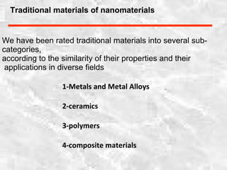 Traditional materials of nanomaterials
We have been rated traditional materials into several sub-
categories,
according to the similarity of their properties and their
applications in diverse fields
1-Metals and Metal Alloys
2-ceramics
3-polymers
4-composite materials
 