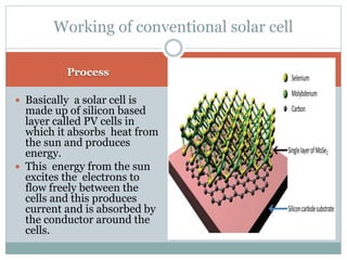 Process
 Basically a solar cell is
made up of silicon based
layer called PV cells in
which it absorbs heat from
the sun and produces
energy.
 This energy from the sun
excites the electrons to
flow freely between the
cells and this produces
current and is absorbed by
the conductor around the
cells.
Working of conventional solar cell
 