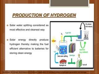  Solar water splitting considered as
most effective and cleanest way
 Solar energy directly produce
hydrogen thereby making the fuel
efficient alternative to batteries for
storing clean energy
M.Ahmed, W.A.Khan. M.S.Anjum and Z.Ahmed. application of nanotechnology in hydrogen generation and storage.
 