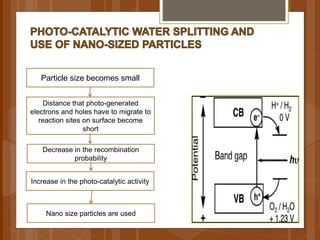 Particle size becomes small
Distance that photo-generated
electrons and holes have to migrate to
reaction sites on surface become
short
Decrease in the recombination
probability
Increase in the photo-catalytic activity
Nano size particles are used
 