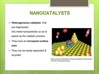 https://www.jyu.fi/fysiikka/en/research/material/compns/resear
ch/index_html/supported.jpg
 Heterogeneous catalysts that
are fragmented
into metal nanoparticles so as to
speed up the catalytic process.
 They have an increased surface
area
 They can be easily separated &
recycled
 
