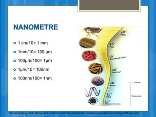  1 cm/10= 1 mm
 1mm/10= 100 µm
 100µm/100= 1µm
 1µm/10= 100nm
 100nm/100= 1nm
Nanotechnology. SNF. Retrieved 4-12-2014, from http://snf.stanford.edu/Education/Nanotechnology.SNF.web.pdf
 