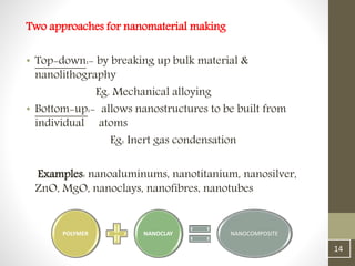 Two approaches for nanomaterial making
• Top-down:- by breaking up bulk material &
nanolithography
Eg. Mechanical alloying
• Bottom-up:- allows nanostructures to be built from
individual atoms
Eg: Inert gas condensation
Examples: nanoaluminums, nanotitanium, nanosilver,
ZnO, MgO, nanoclays, nanofibres, nanotubes
14
POLYMER NANOCLAY NANOCOMPOSITE
 