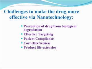 Challenges to make the drug more effective via Nanotechnology: Prevention of drug from biological degradation Effective Targeting Patient Compliance Cost effectiveness Product life extensio n 